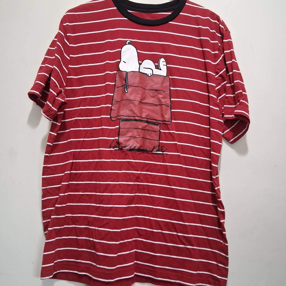 Peanuts Snoopy Doghouse Striped Ringer T-Shirt Red White Mens XL Graphic Tee